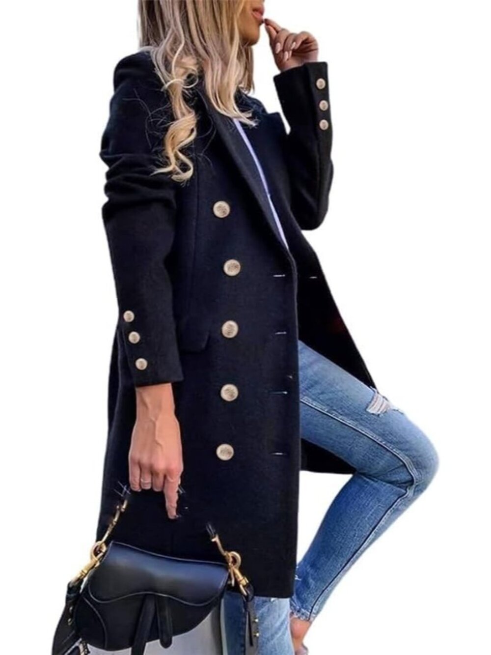 Women's Navy Wool Blend Double Breasted Gold Buttons Fall Midi Long Trench Coats